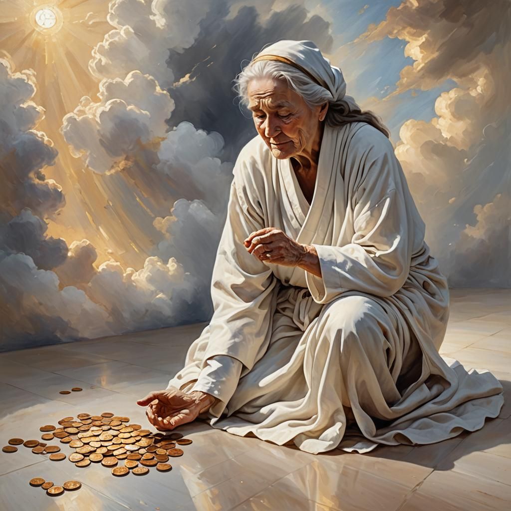 Wise Woman Finds Penny: Heavenly Oil Painting Portrait