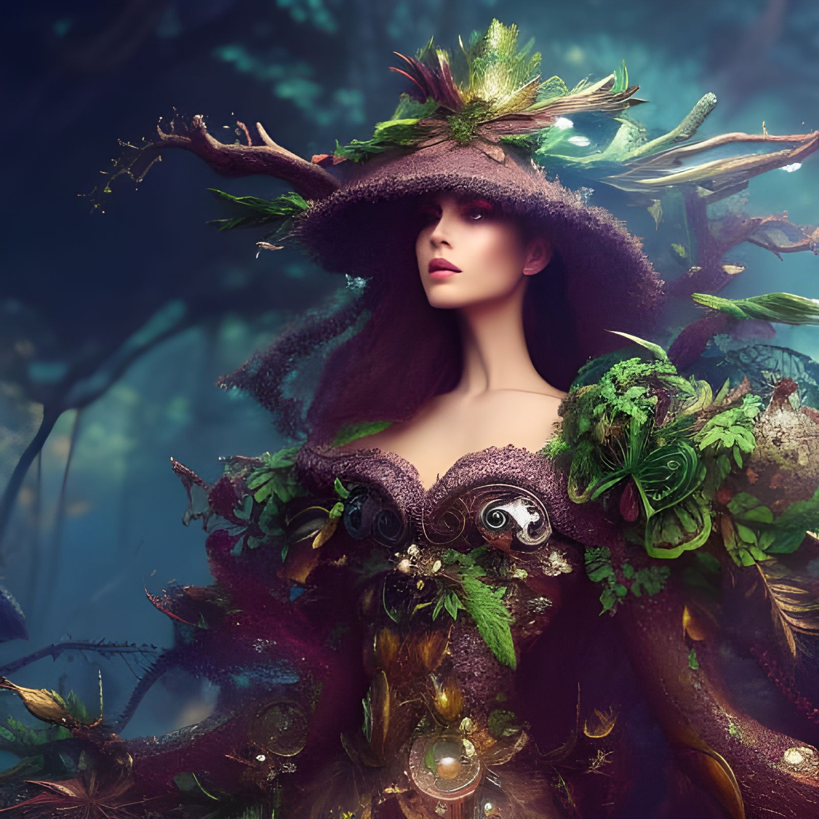 Ethereal Forest Woman in Steampunk-Silver Outfit