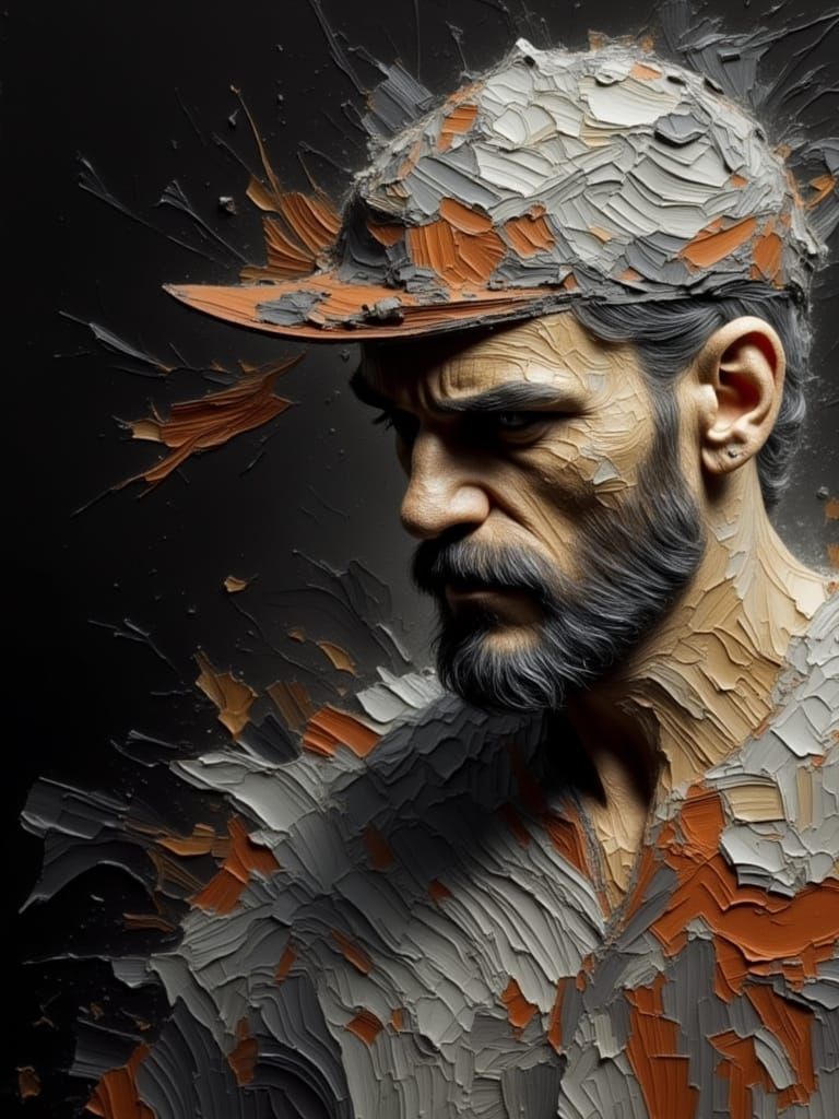 Textured portrait of a bearded man wearing a hat