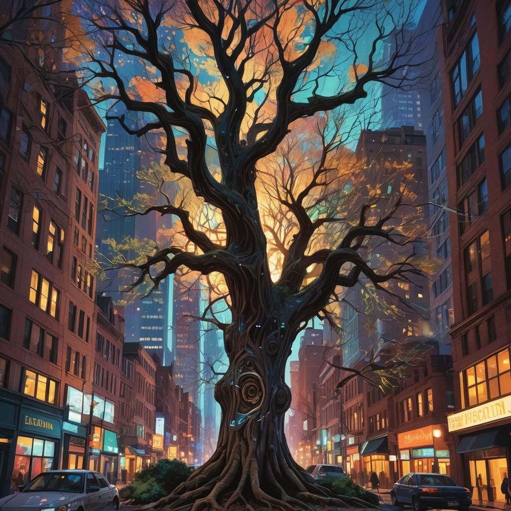 Mystical Tree Transforms Boston Cityscape in Fantasy Art
