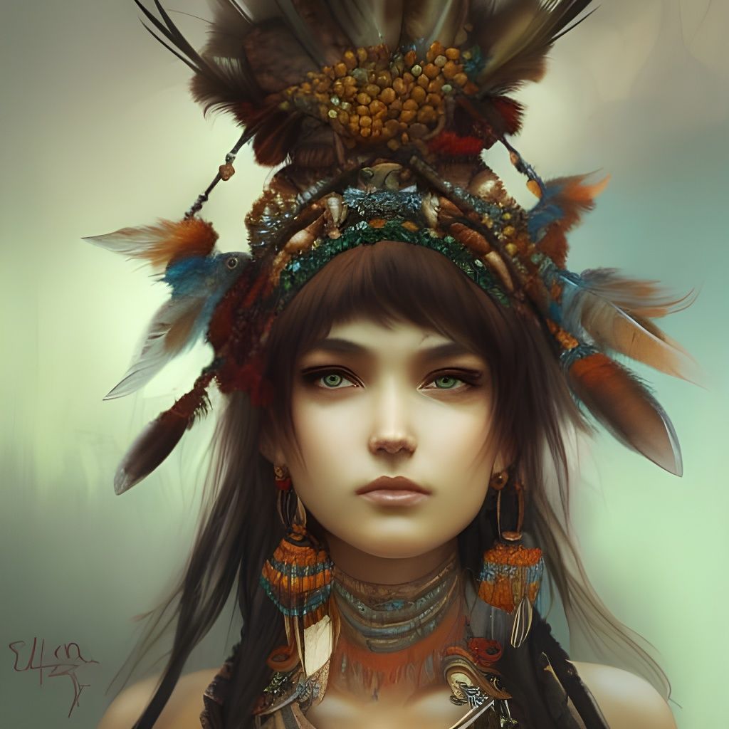Beautiful Shaman Girl Portrait in Dark Fantasy Style