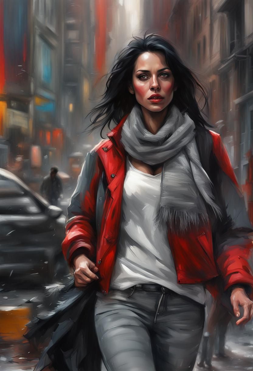 Woman in Red Jacket: Detailed Digital Street Art