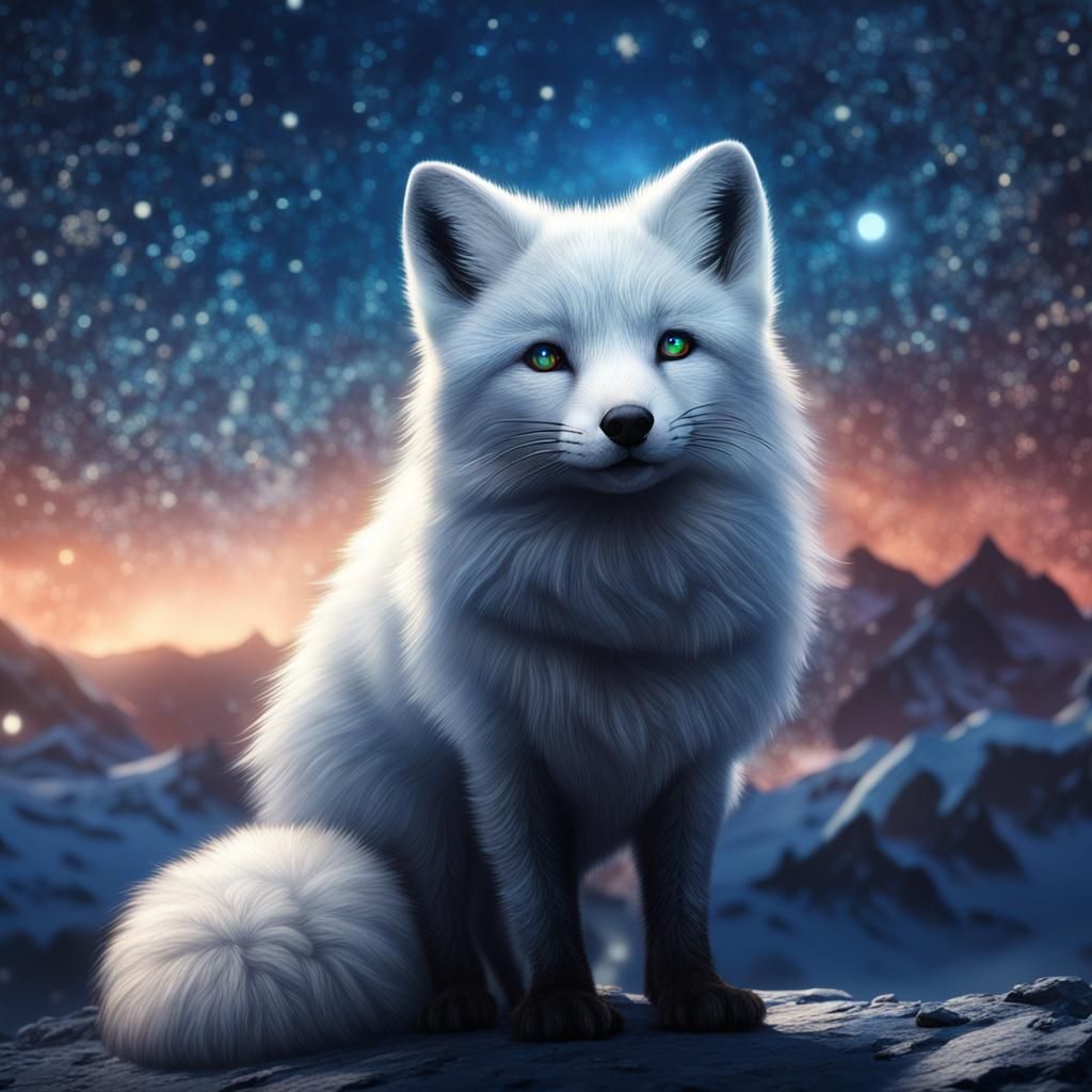 Arctic Fox and Starry Night Sky Painting