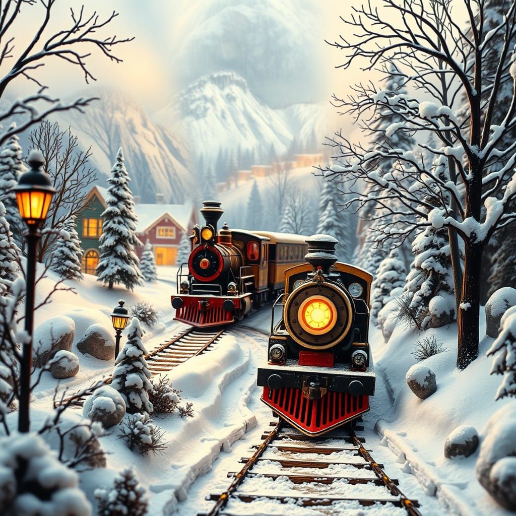 Victorian Winter Wonderland Scene with Steam Train