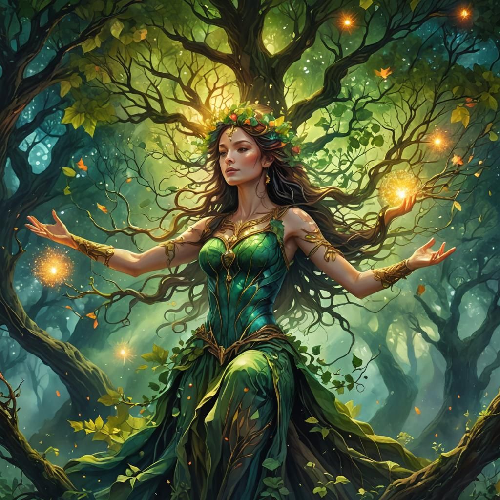Dryad Tree with Magic Sparks in Watercolor Style