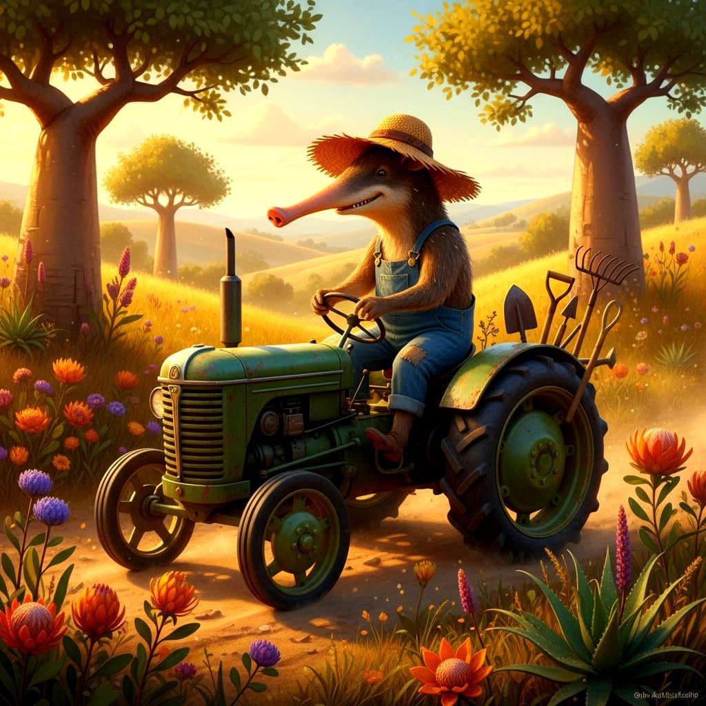 Anthropomorphic Aardvark Farmer on Vintage Tractor