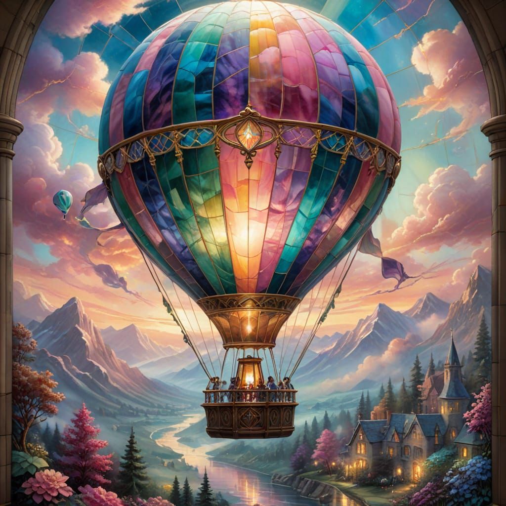 Stained Glass Hot Air Balloon Window in Ethereal Mist