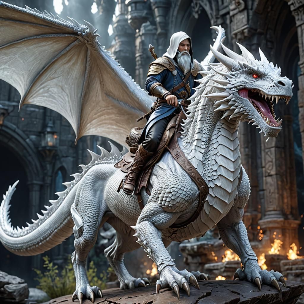 Wizard Riding a White Dragon in Cosmic Scene