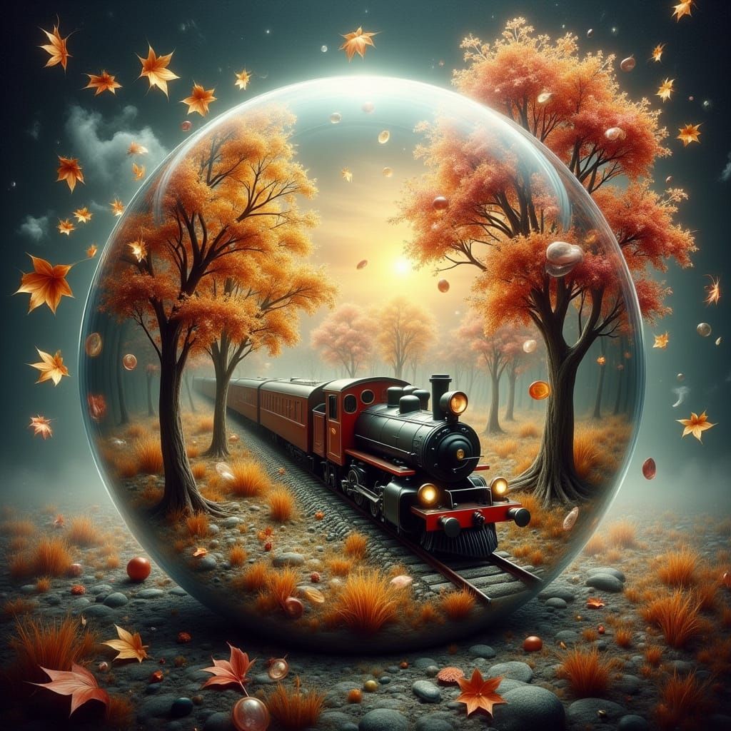 Train in Autumn Sphere, Surreal Dreamscape Painting