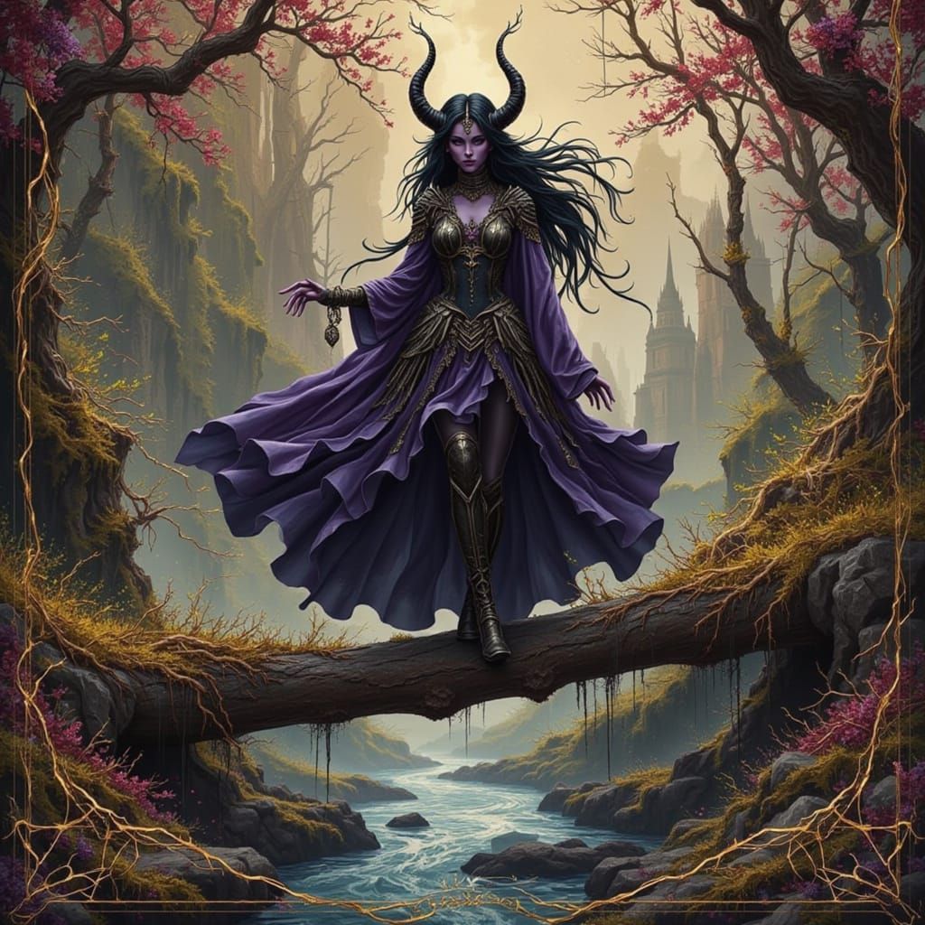 Dark Fantasy Tiefling Woman in Mixed Media Collage