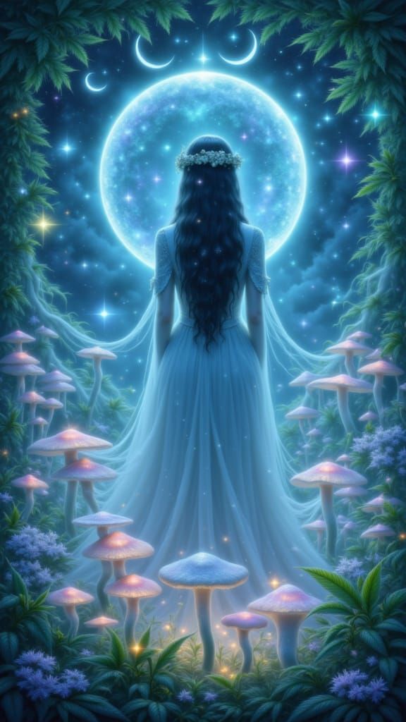 Mystical Woman Surrounded by Neon Moons