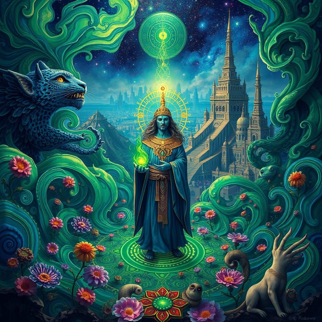 Celestial Shaman with Blue Leopard King: Psychedelic Art