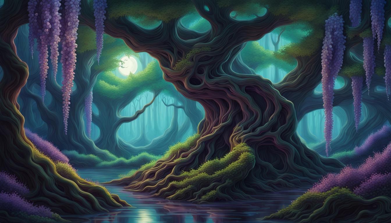 Ethereal Grove with Moonshadow Wisteria in Dark Fantasy Styl...