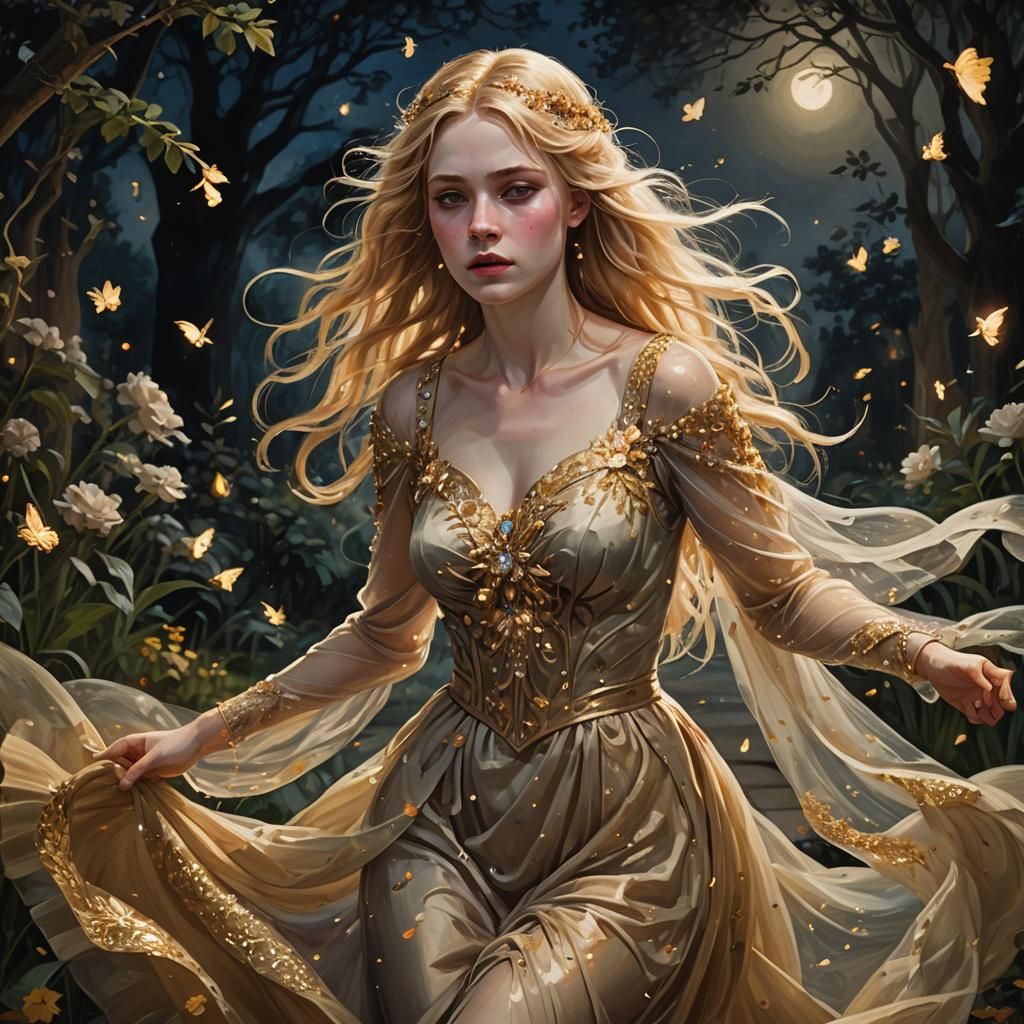 An ethereal and captivating scene in a garden at night. A de...