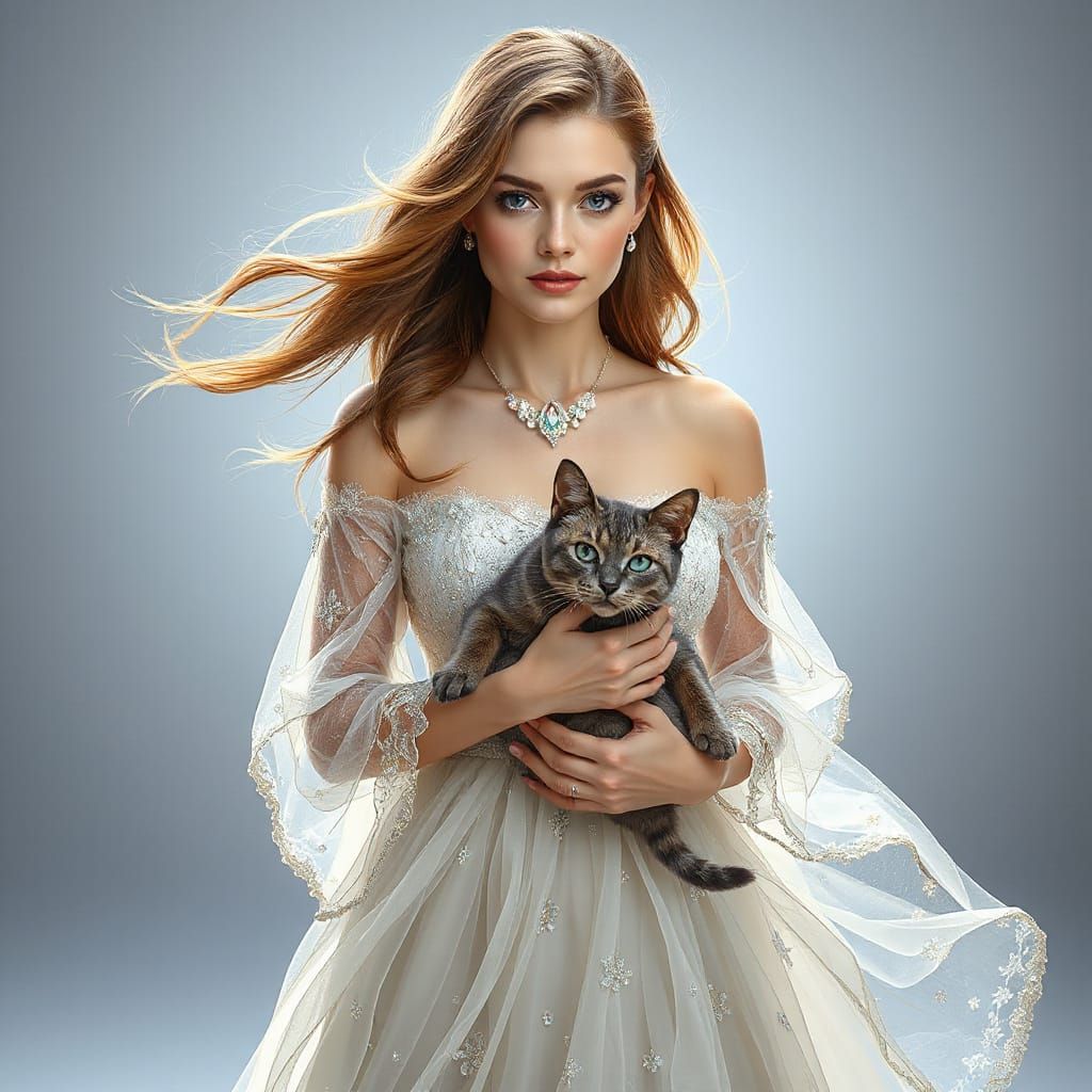 Ethereal Woman with Cat in Hyperrealistic Style