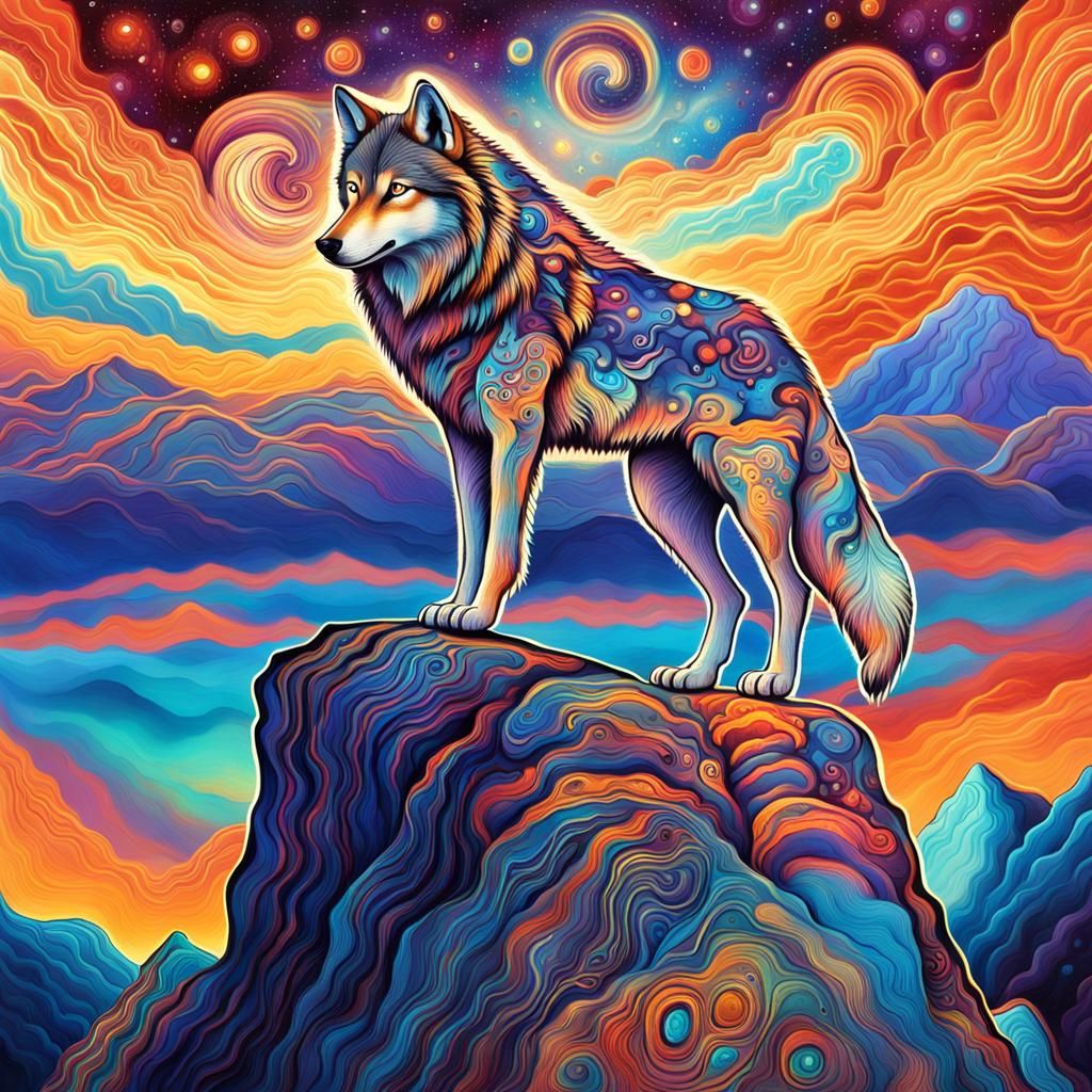 Cosmic Wolf Overlooking Dreamlike Landscape
