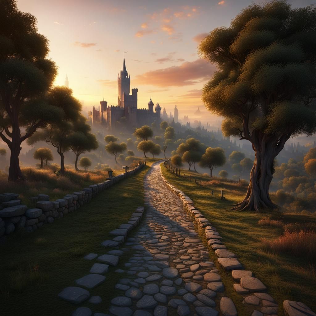 Medieval Stone Road to Distant City at Sunrise