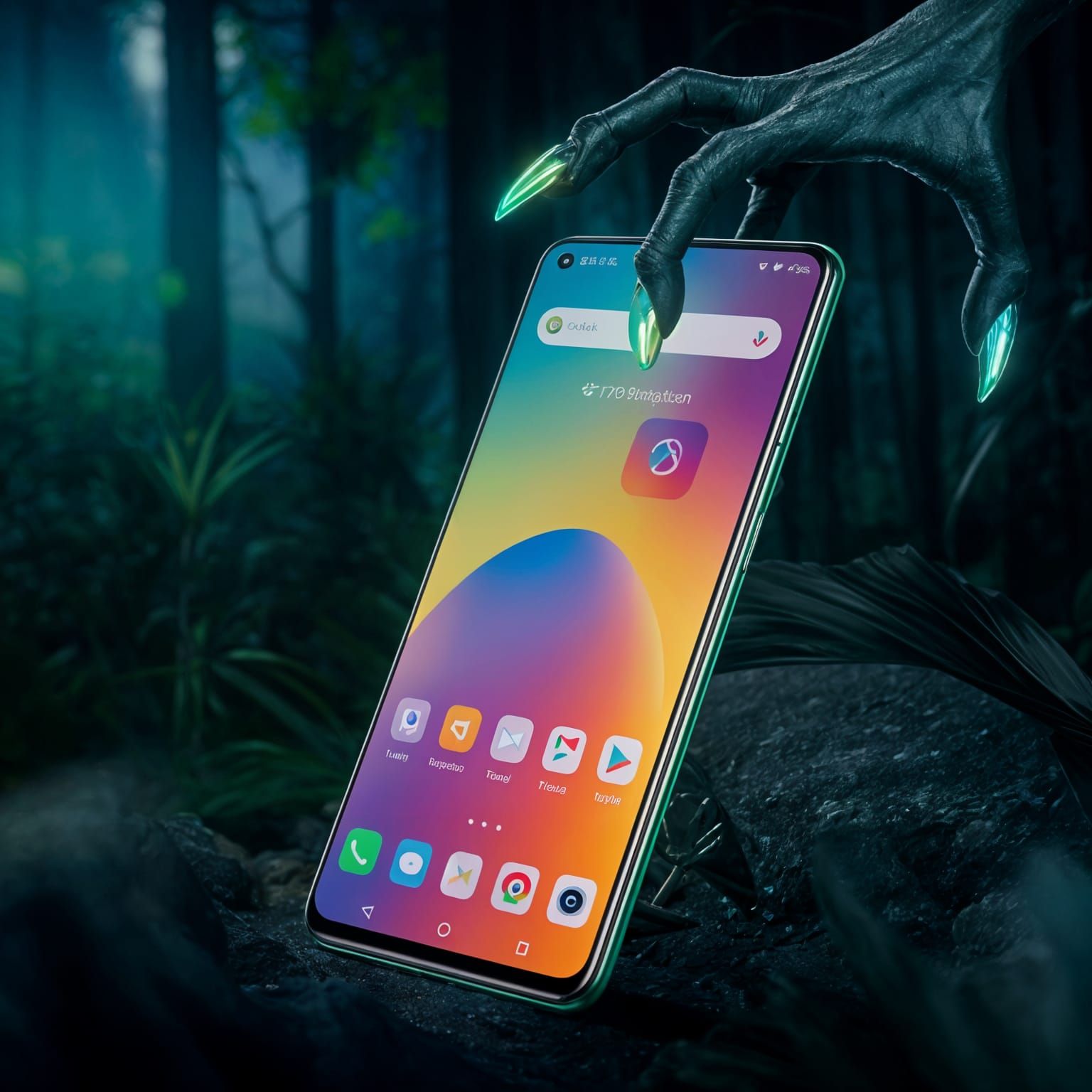 Android Phone in Enchanted Forest with Alien Claw