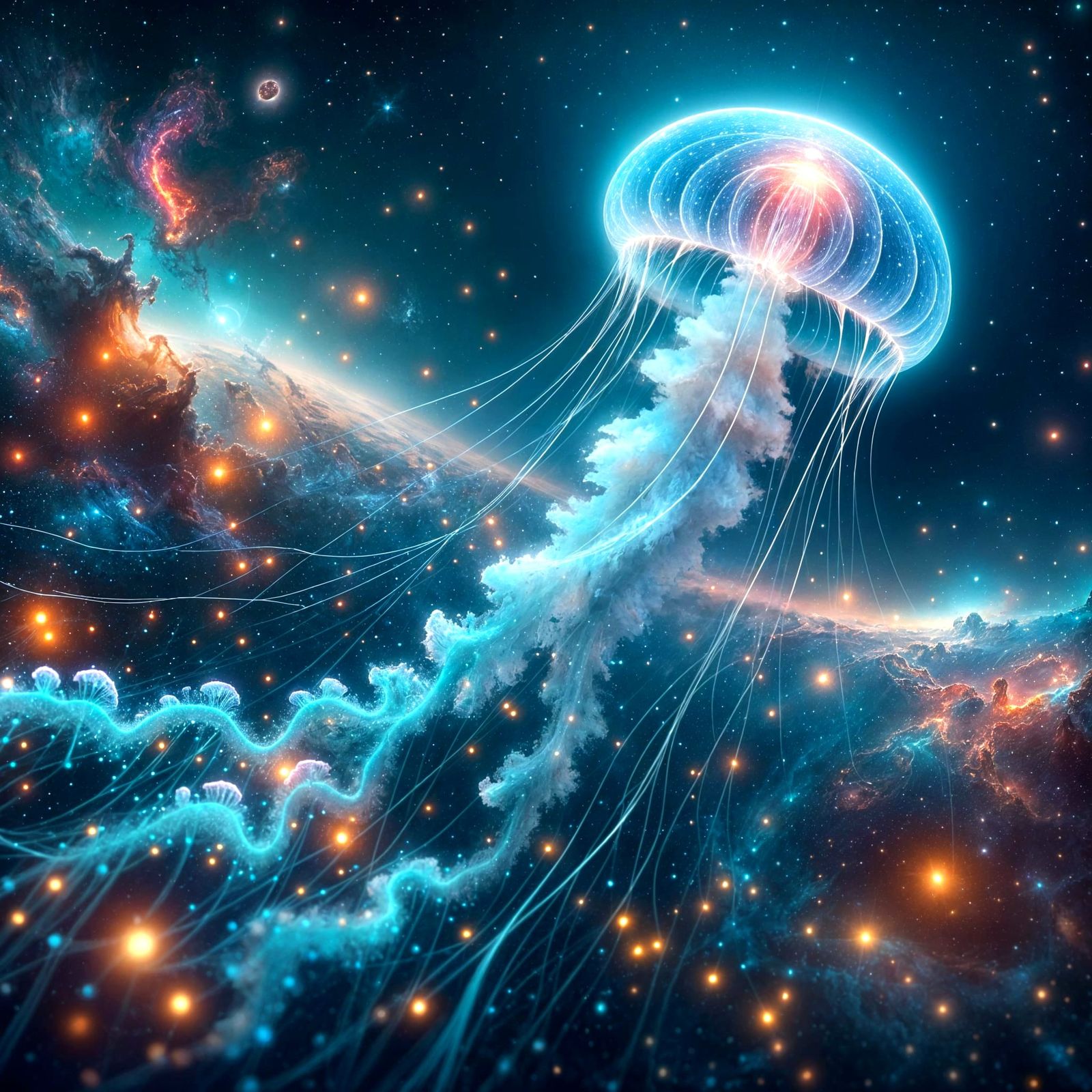 Bioluminescent Jellyfish Drifting in Space, Fantastical Conc...