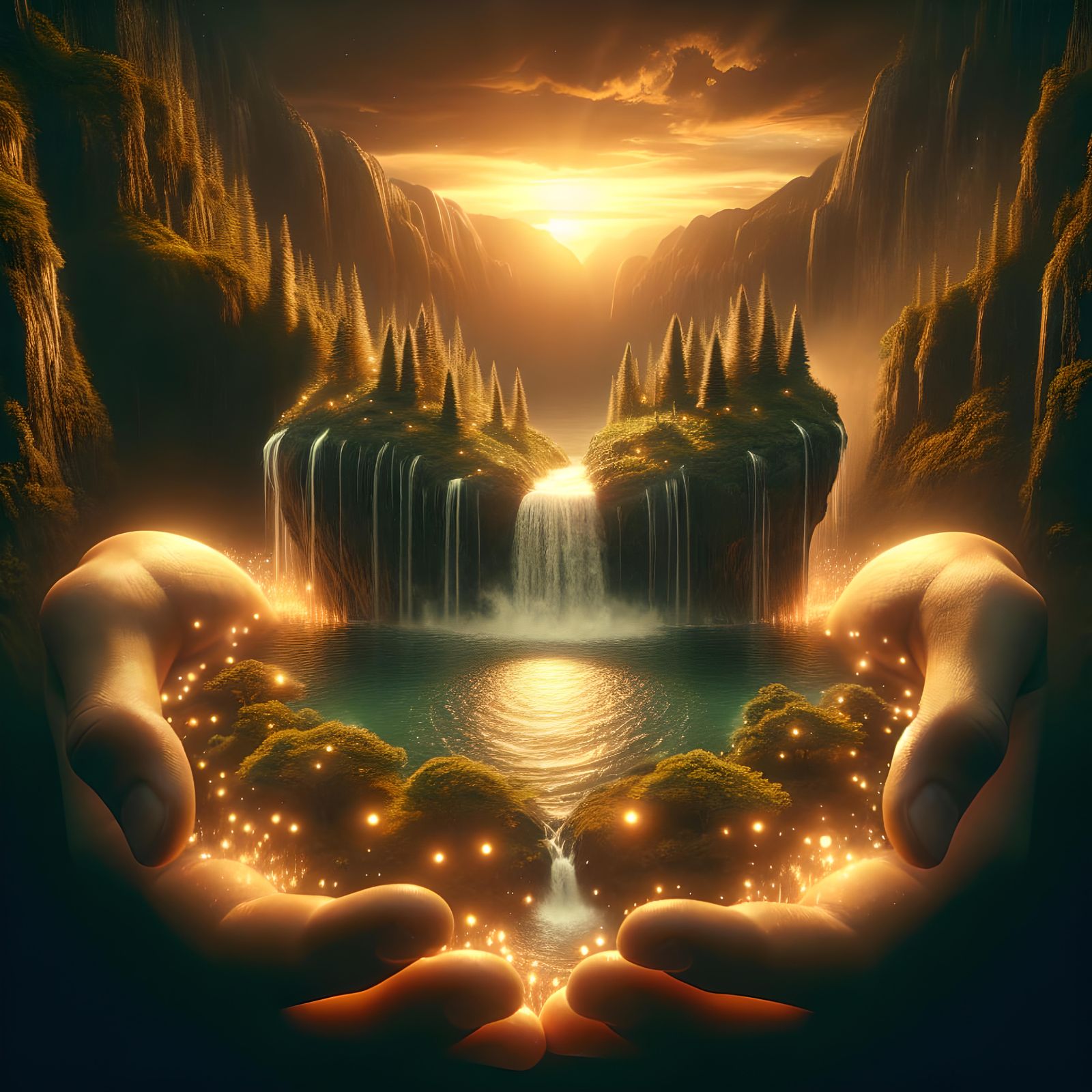 Bioluminescent World in Giant Hands at Golden Hour