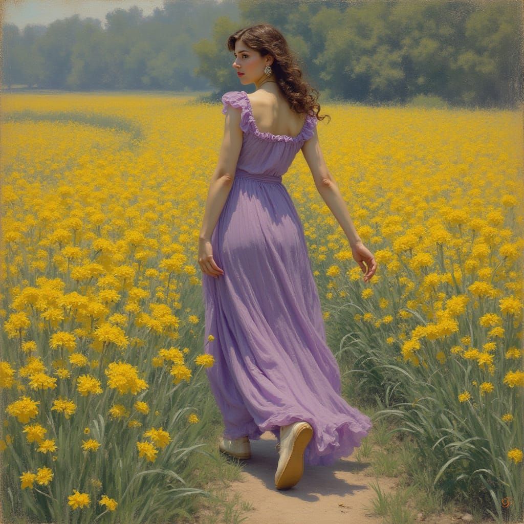 Blonde Woman in Floral Dress: Art Nouveau Style