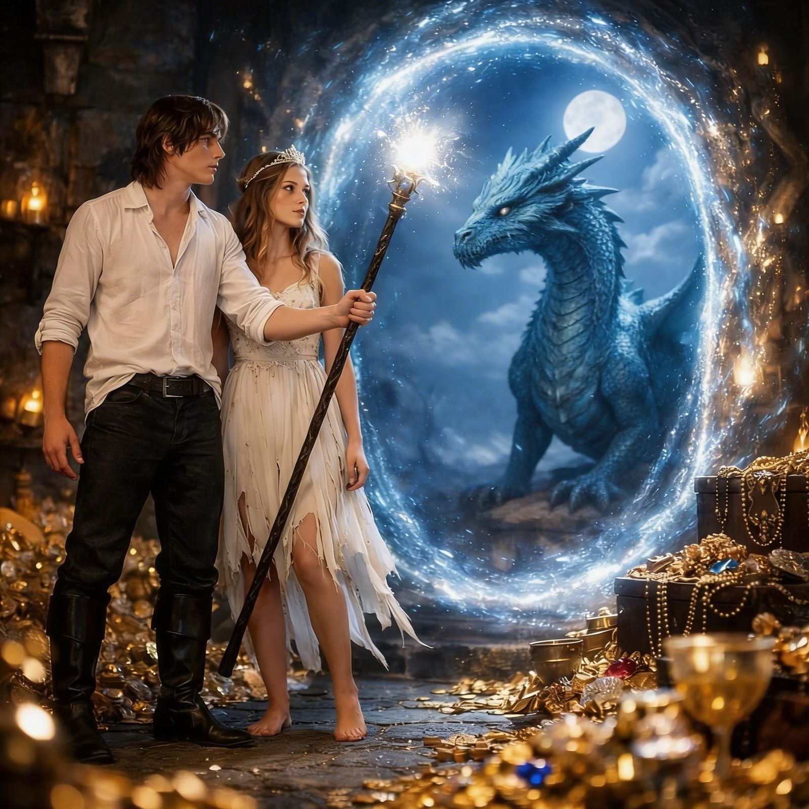 Young Couple Escapes Tower with Dragon and Treasures