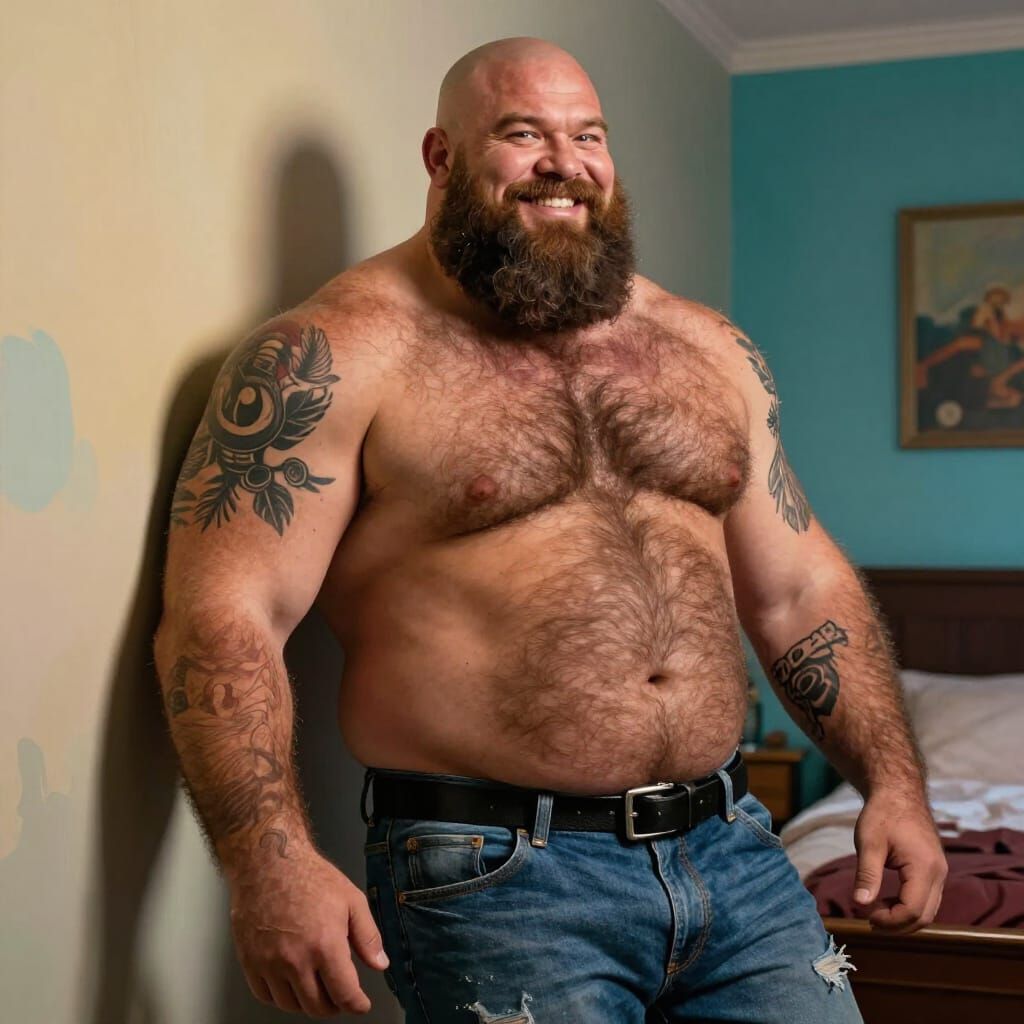 Hairy Bald Man with Long Beard, Tattoos, Biker Style