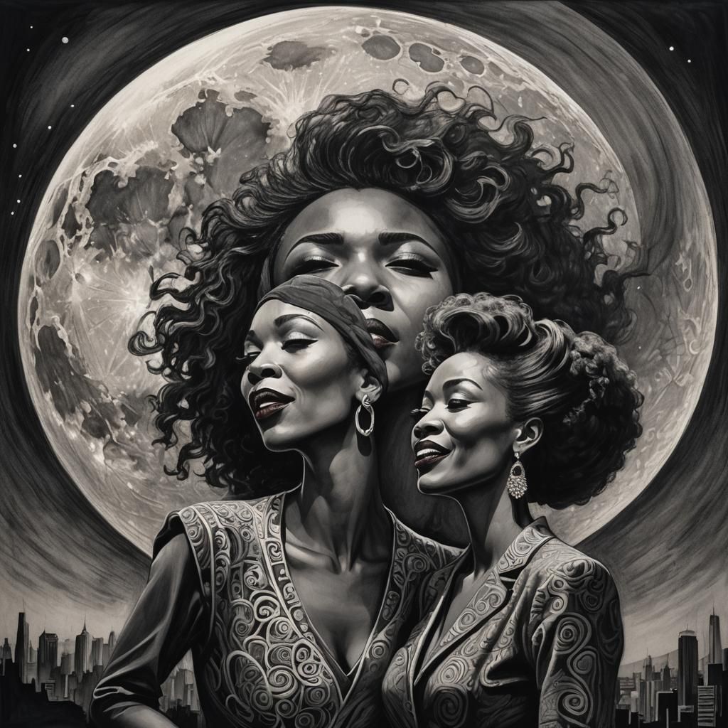 Dramatic Charcoal Drawing of Jazz Singers Under Moon
