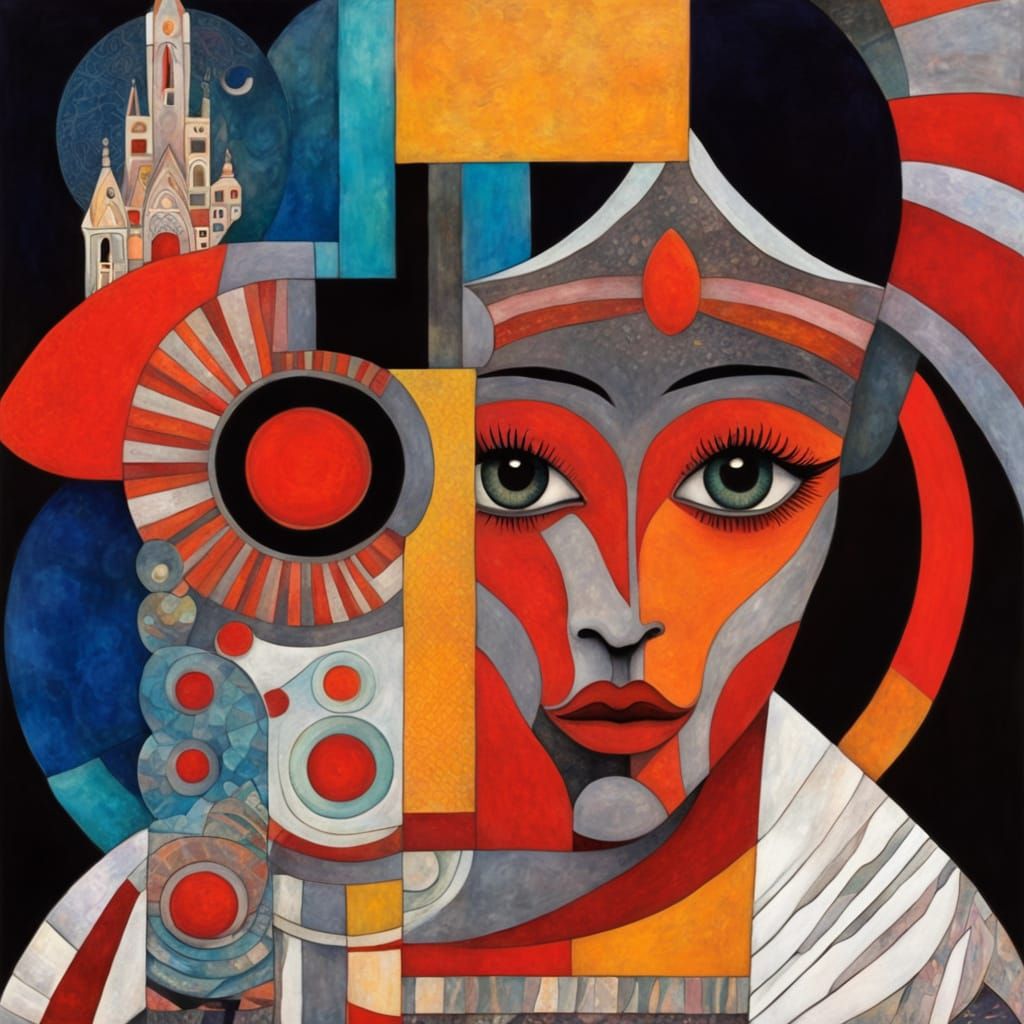 Vibrant and Whimsy Portrait in Intricately Detailed Gray and Red Stripes