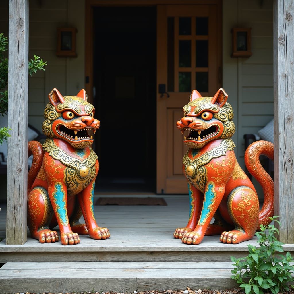 Guardian Statues Adorn Okinawan Home Entrance in Vibrant Col...
