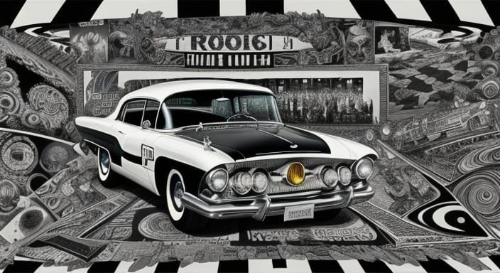 1960s Cultural Collage: Vintage Cars and Rock Music in Black...