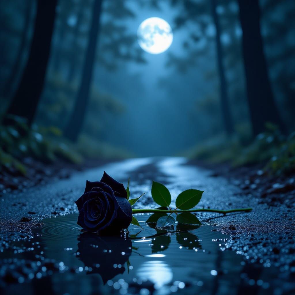 Ethereal Black Rose in Moonlight Rain
