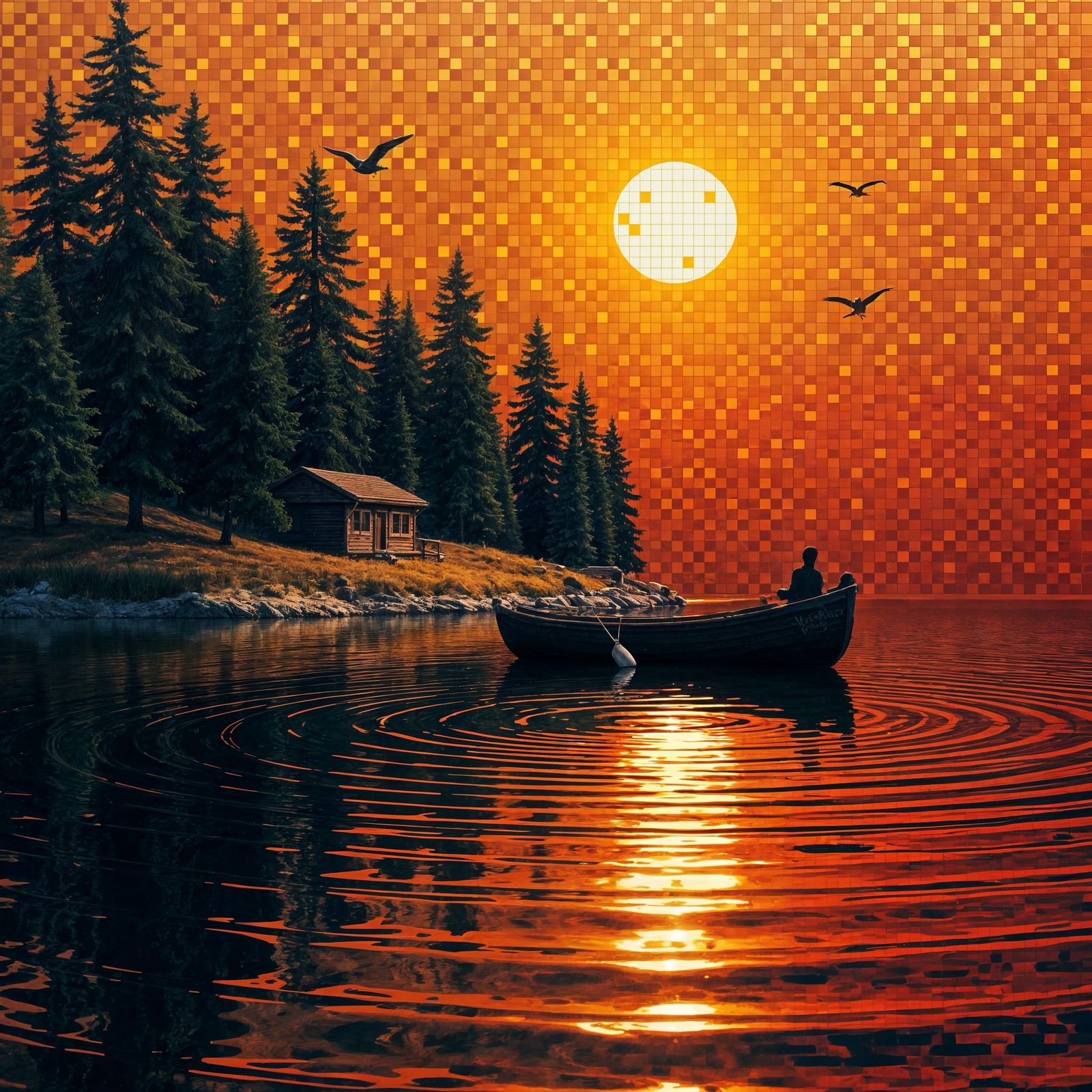 Mosaic Landscape with Sunlit Cabin and Lake