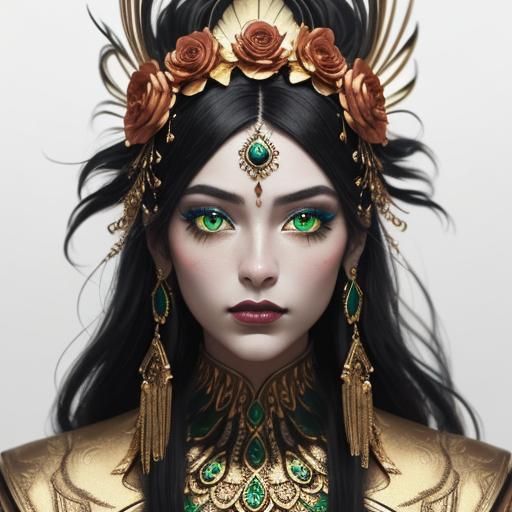 Gold-Skinned Woman with Peacock Feathers in Oil Paint Style