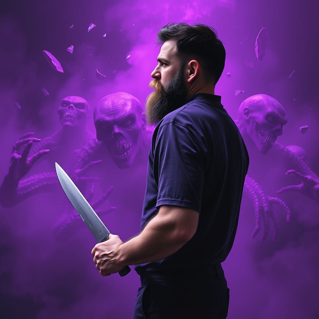 Man Confronts Purple Monsters in Dark Surrealist Style