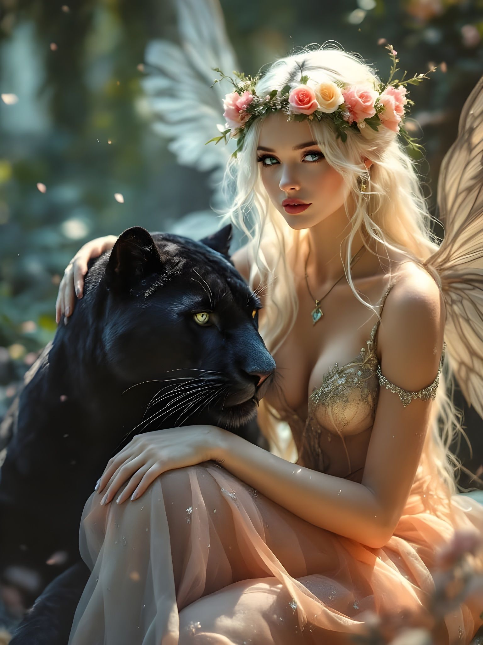Ethereal Fairy Woman with Majestic Panther in Whimsical Fair...