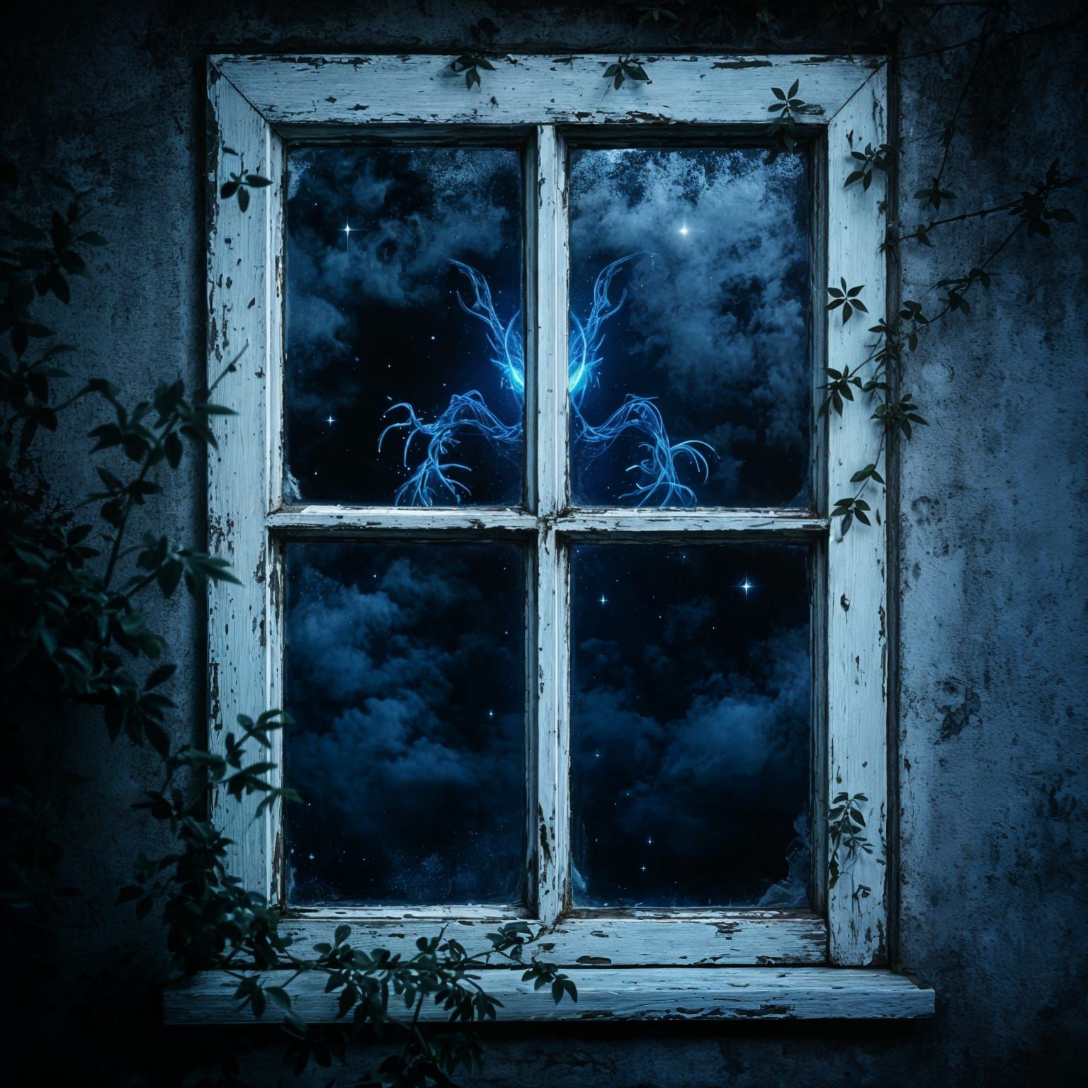 Ethereal, Mysterious, Vintage Window Reflected with a Blue W...