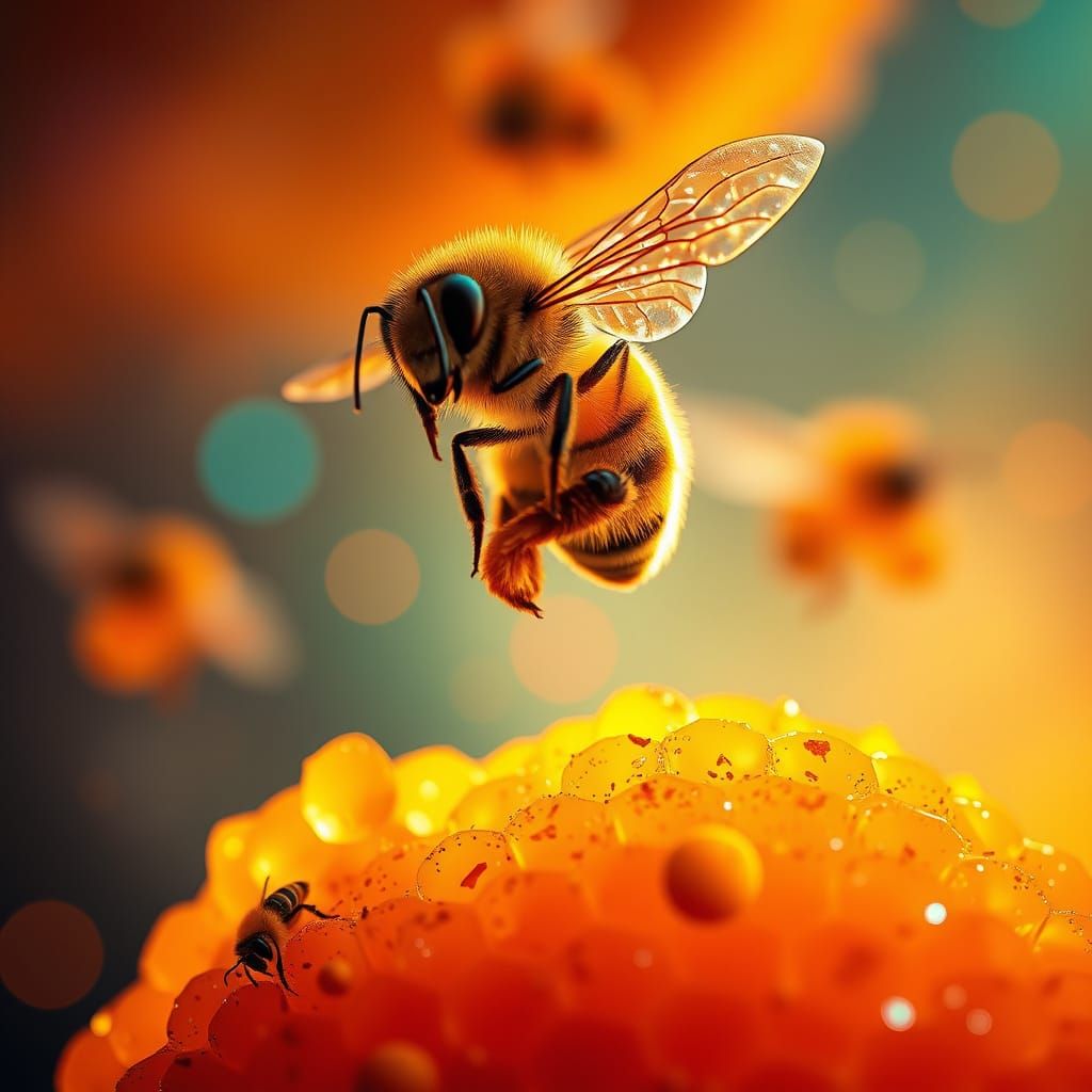 Vibrant Hyperrealistic Bees in Mid-Air