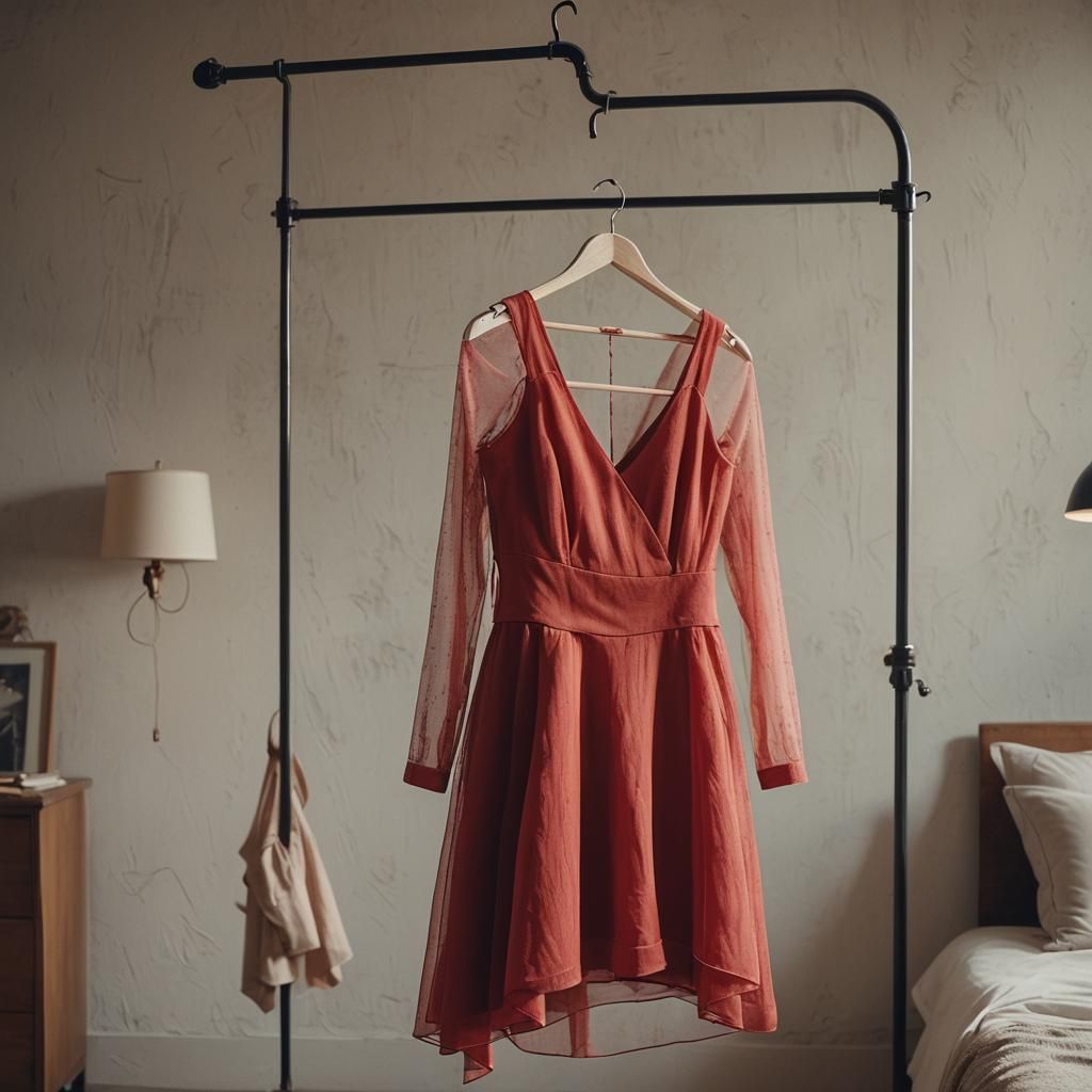 Elegant Red Dress in Bedroom: Cinematic Film Still