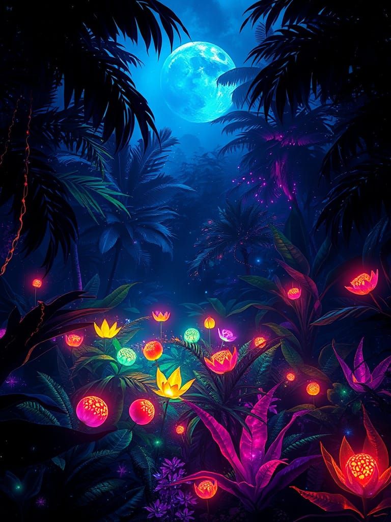 Midnight Tropical Forest with Bioluminescent Garden