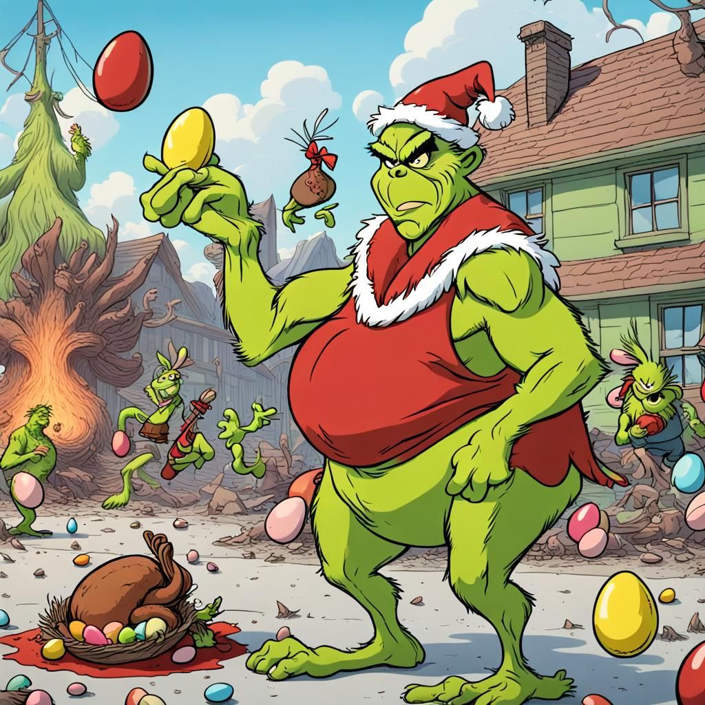 Grinch's Fiery Easter Destruction in Comic Book Style