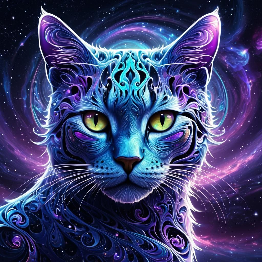 Celestial Galaxy and Feline Visage in Surreal Digital Art