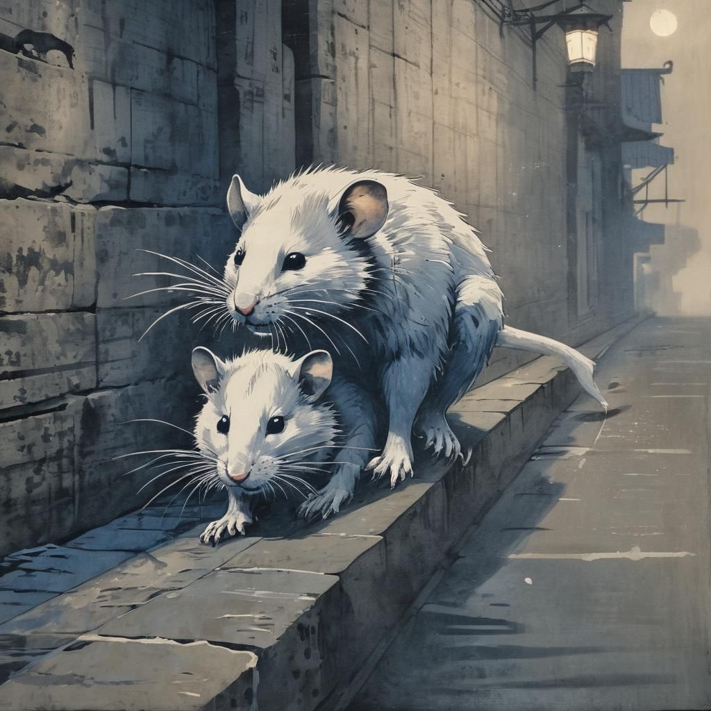 Mysterious Dark Fantasy Rat Warrior in Japanese Woodcut Styl...