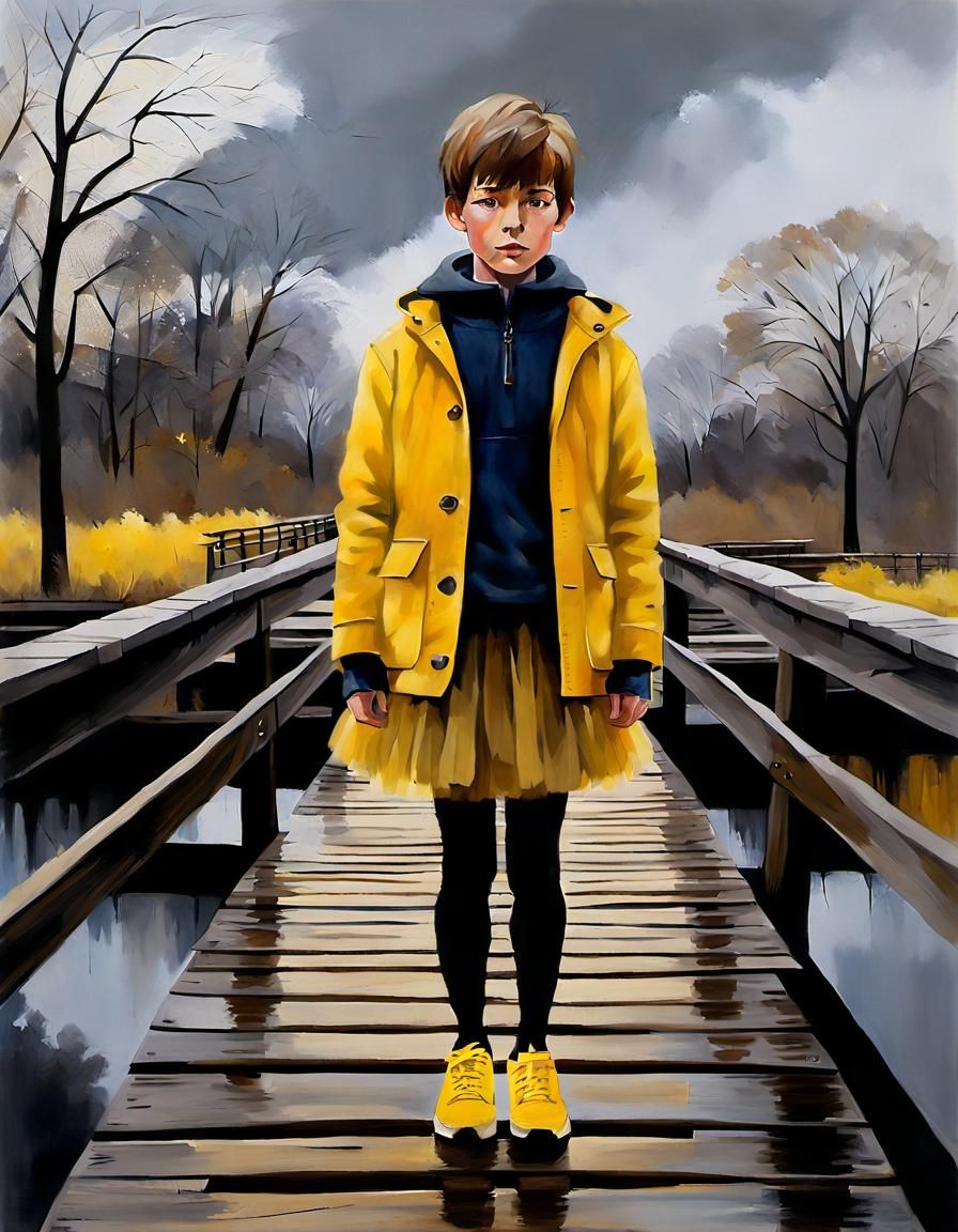 Boy in Yellow Tulle Skirt: Oil Painting
