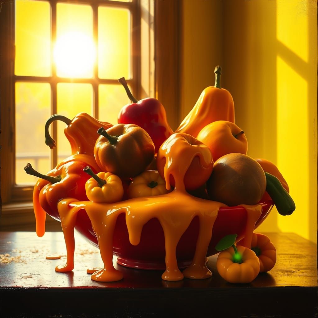 Surreal Summer Melting of Wax Fruit in Warm Golden Light