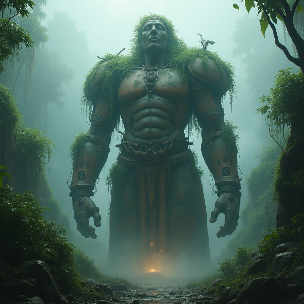 Ancient Steampunk Deity Statue in Misty Jungle