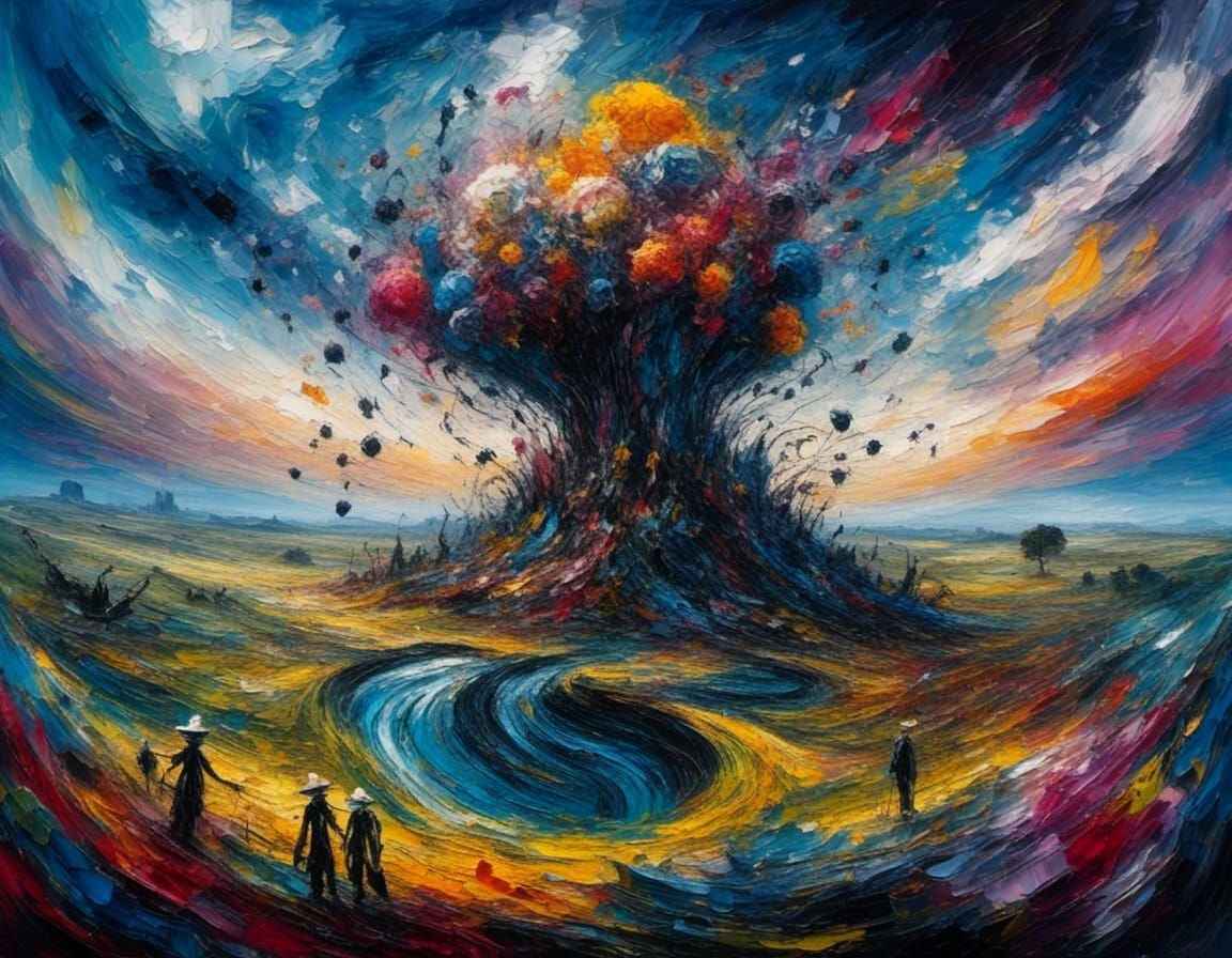 Surreal Landscape with Elastic Flora as Impasto Painting