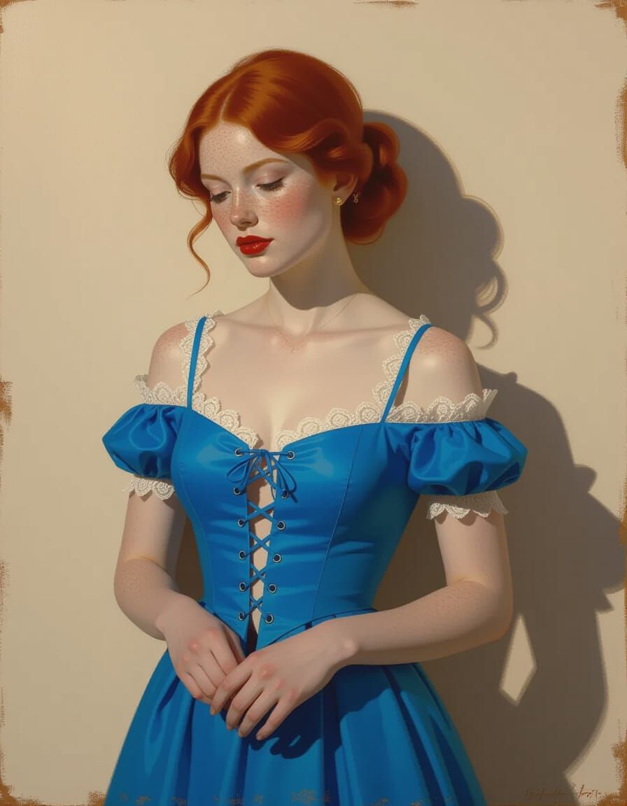 Redhead in Blue Dress with Freckles, Renaissance Style