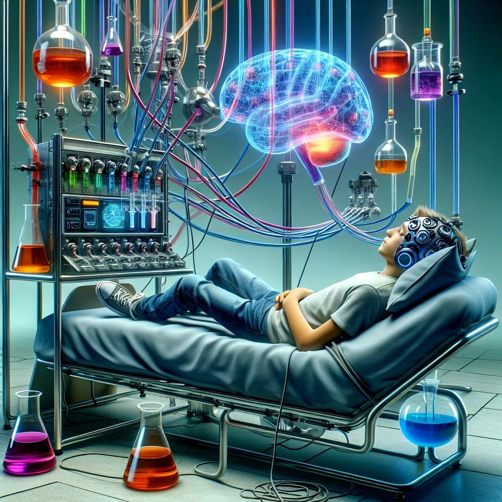 Sleeping Teenager Surrounded by High-Tech Neuro Interface in...