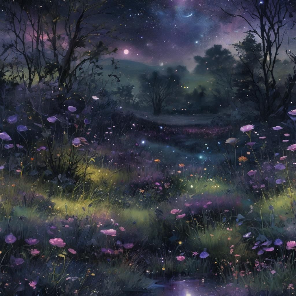 Firefly Field at Night, Sumi-e Style